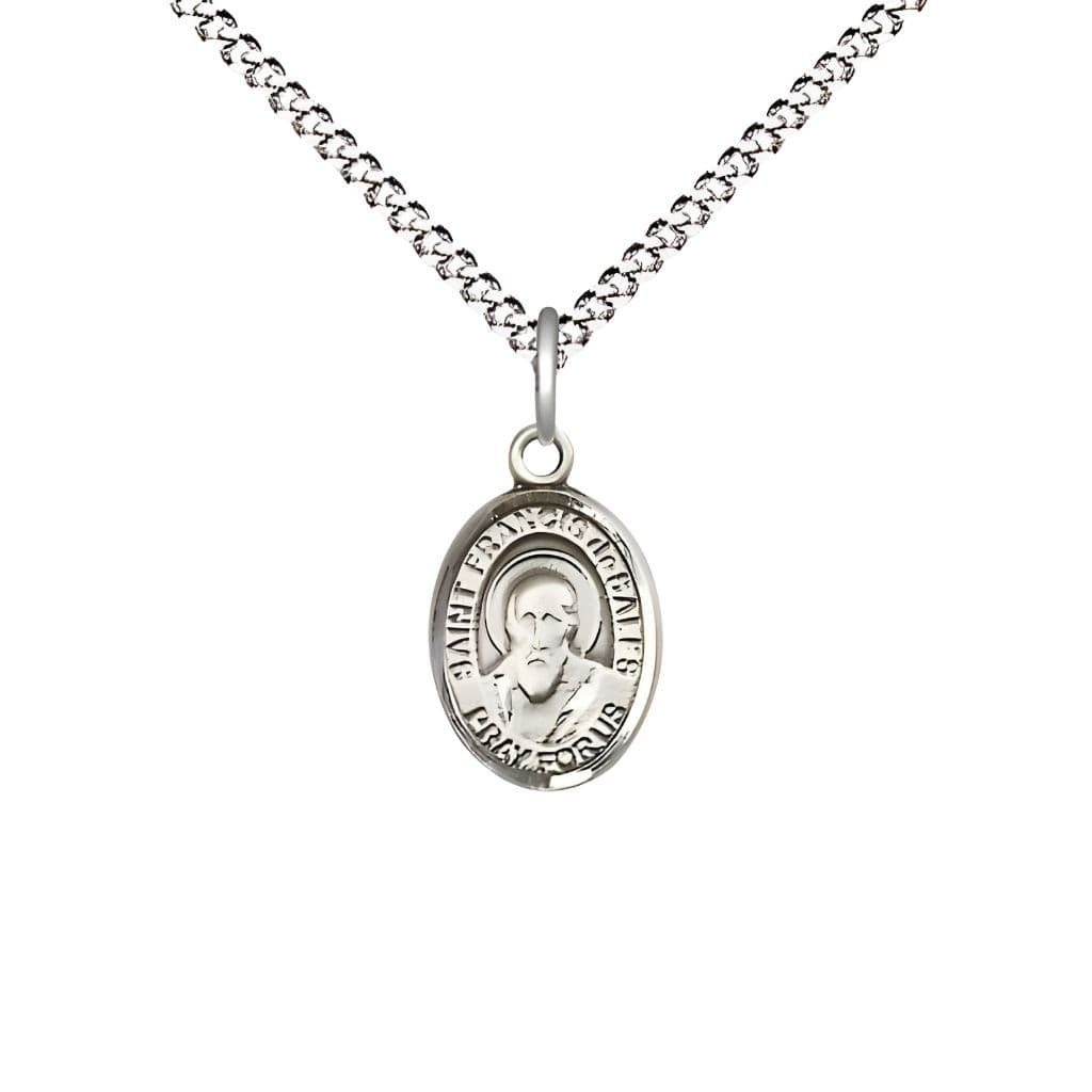 Bliss St. Francis de Sales Engravable Small Children Pewter Medal with Rhodium-plated Chain, Measures 1/2-inch tall by 1/4-inch wide.