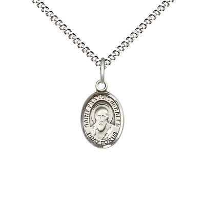 St. Francis de Sales Engravable Small Children Pewter Medal with Rhodium-plated Chain, Measures 1/2-inch tall by 1/4-inch wide, Bliss Manufacturing
