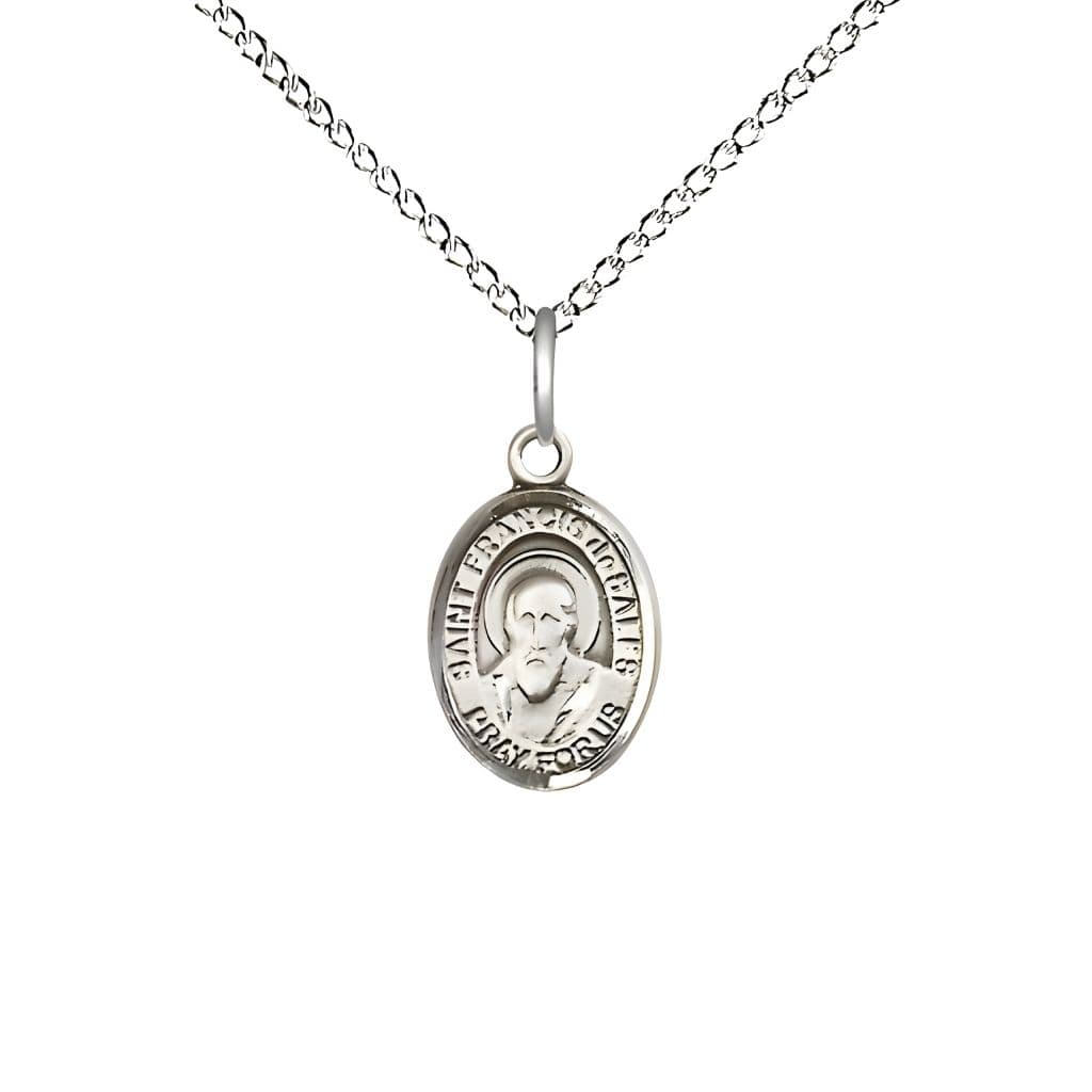 Bliss St. Francis de Sales Engravable Small Children Sterling Silver Medal with Sterling Chain, Measures 1/2-inch tall by 1/4-inch wide.