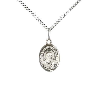 St. Francis de Sales Engravable Small Children Sterling Silver Medal with Sterling Chain, Measures 1/2-inch tall by 1/4-inch wide, Bliss Manufacturing