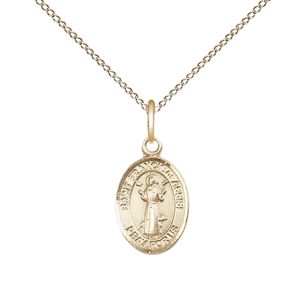 St. Francis of Assisi 14kt Gold Oval Children Medal with 14kt Gold Chain, Measures 1/2-inch tall by 1/4-inch wide