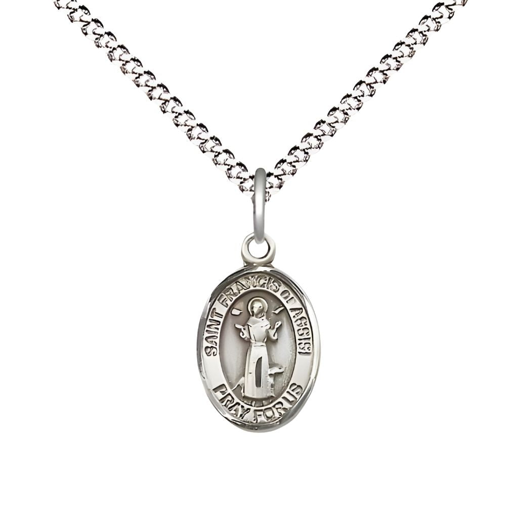 St. Francis of Assisi Pewter Oval Children Medal with Plated Chain, Measures 1/2-inch tall by 1/4-inch wide
