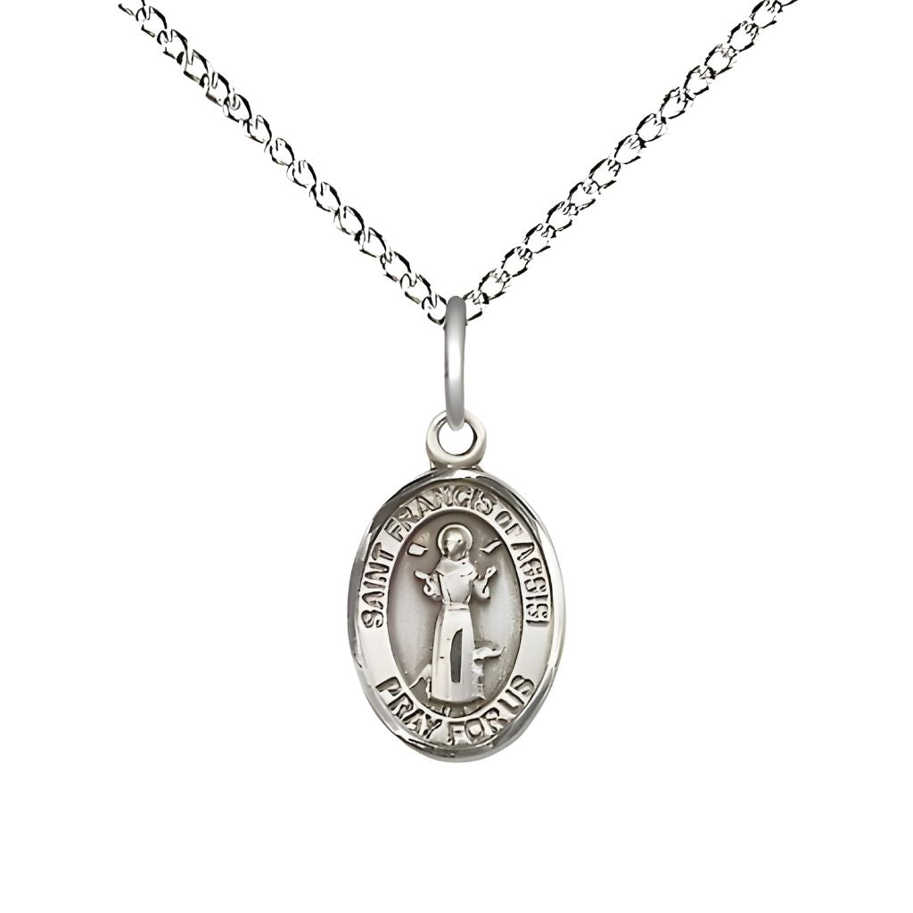St. Francis of Assisi Sterling Silver Oval Children Medal with Sterling Chain, Measures 1/2-inch tall by 1/4-inch wide