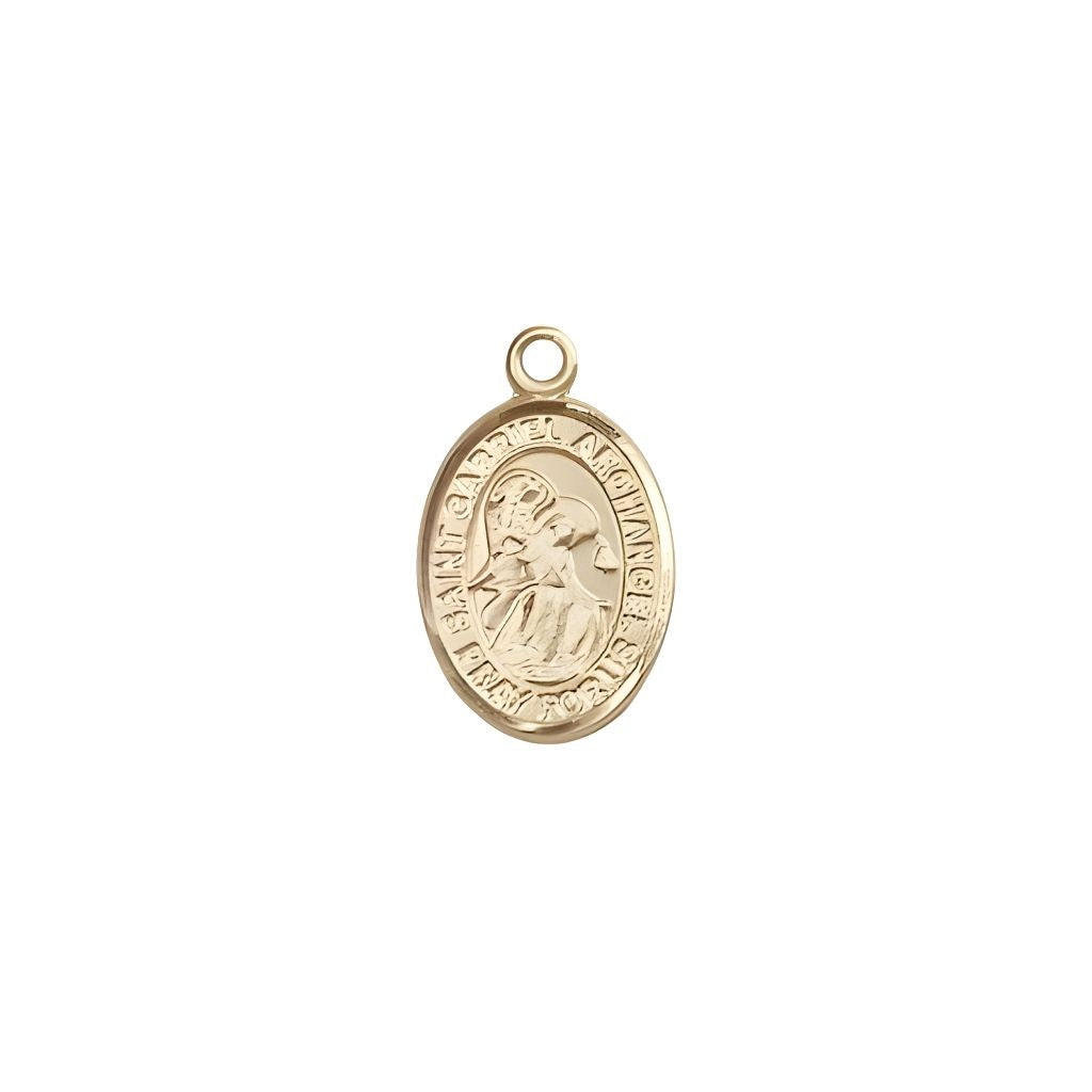 Bliss St. Gabriel the Archangel 14kt Gold Oval Small Children Medal, Measures 1/2-inch tall by 1/4-inch wide.