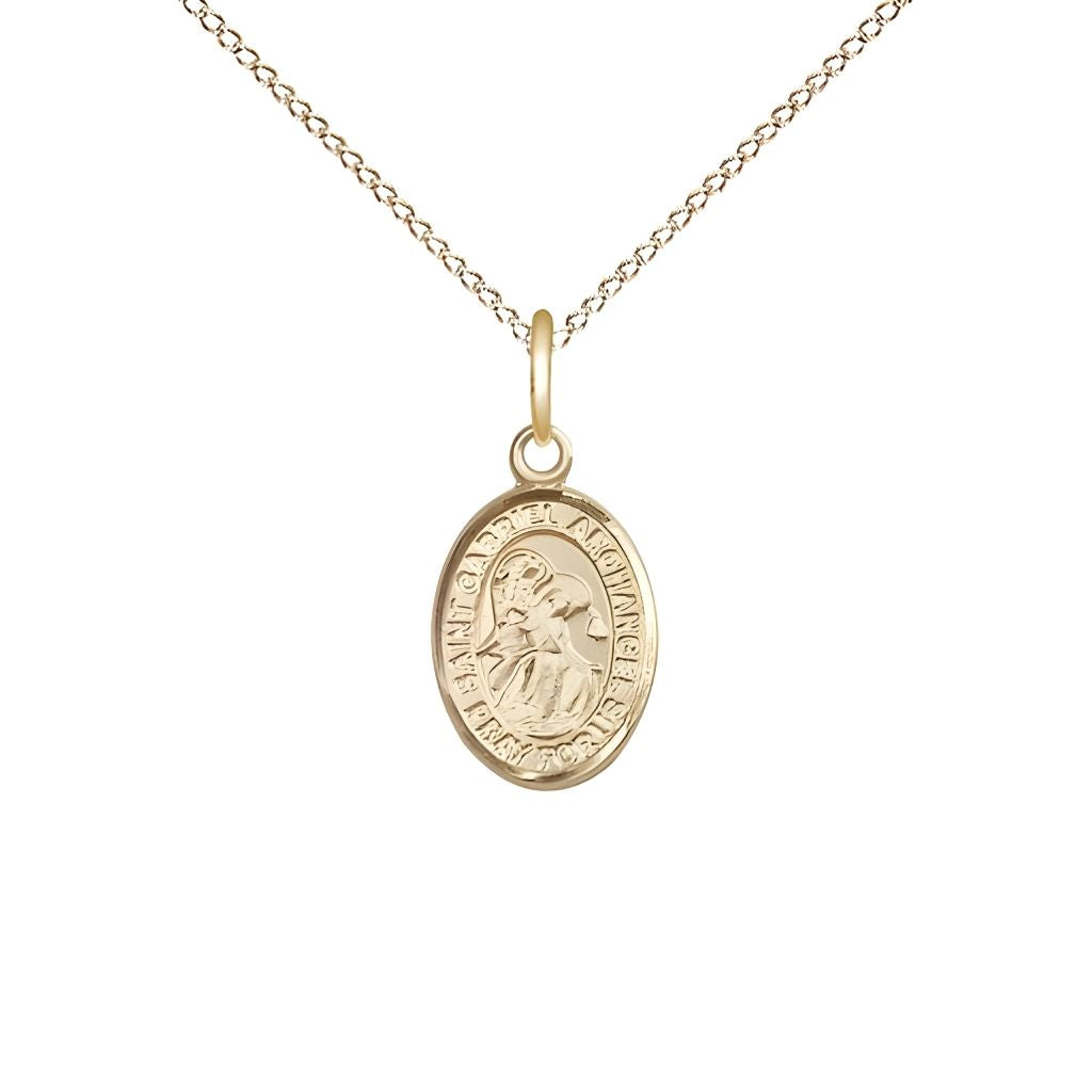 Bliss St. Gabriel the Archangel 14kt Gold Oval Small Children Medal with 14kt Gold Chain, Measures 1/2-inch tall by 1/4-inch wide.