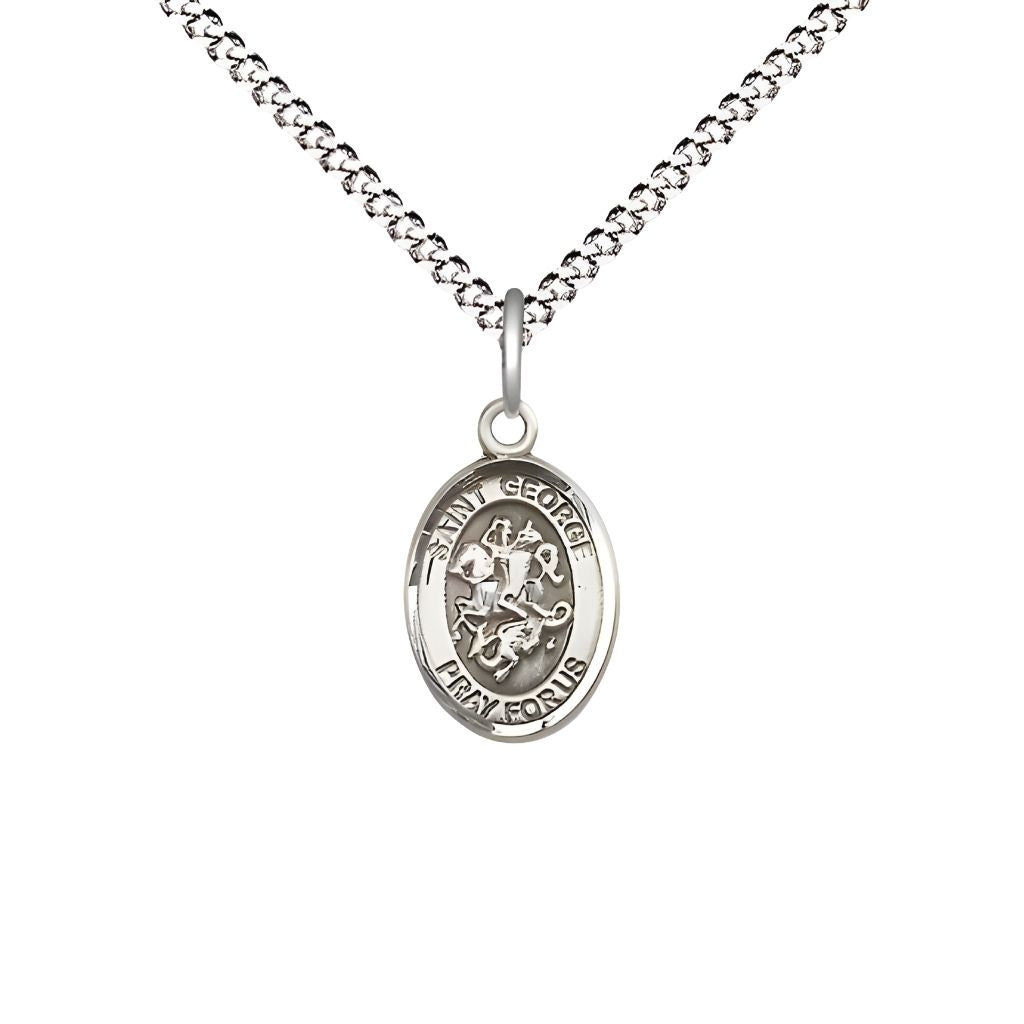 Bliss St. George Engravable Small Children Pewter Medal with Rhodium-plated Chain, Measures 1/2-inch tall by 1/4-inch wide.