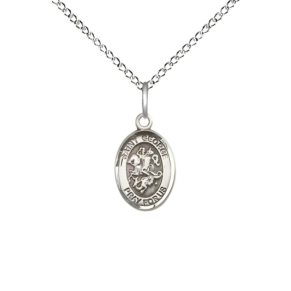 Bliss St. George Engravable Small Children Sterling Silver Medal with Sterling Chain, Measures 1/2-inch tall by 1/4-inch wide.