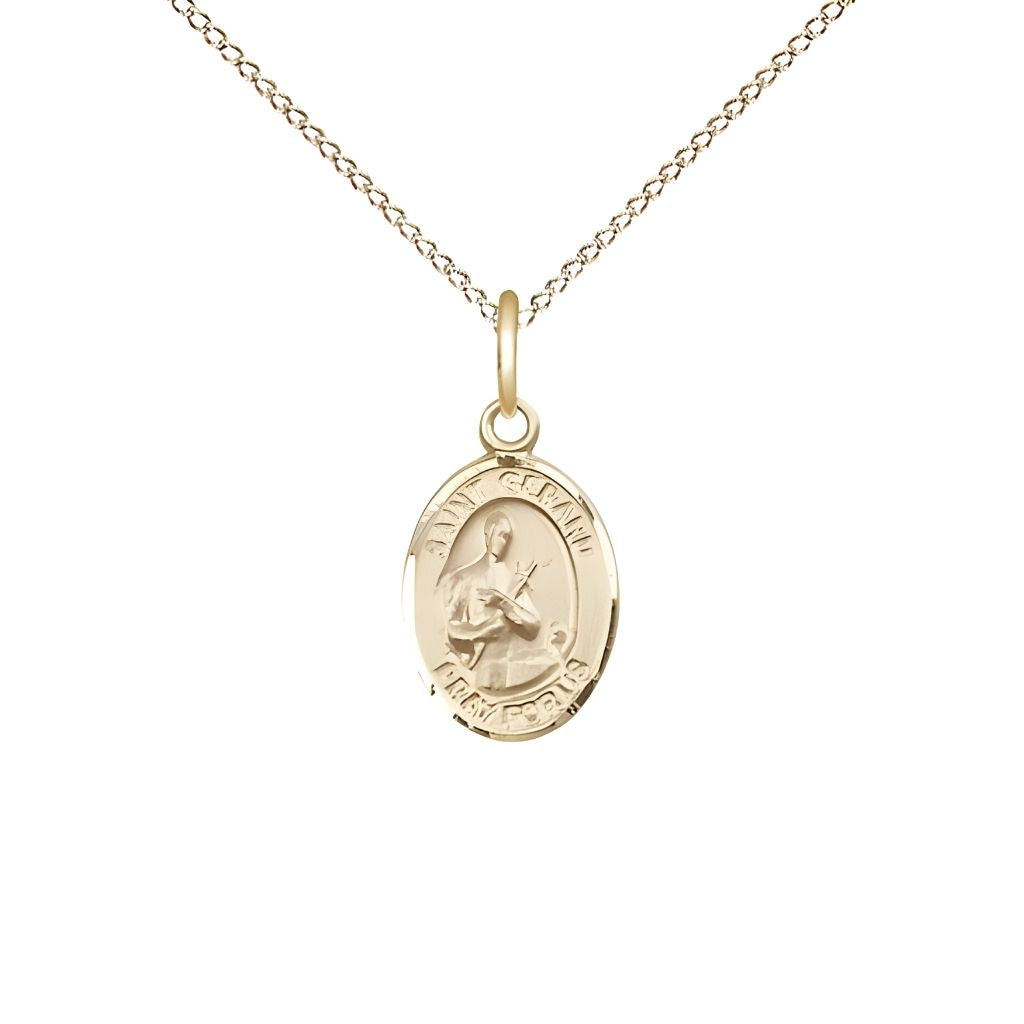Bliss St. Gerard Majella 14kt Gold-filled Oval Small Children Medal with Gold-filled Chain, Measures 1/2-inch tall by 1/4-inch wide.