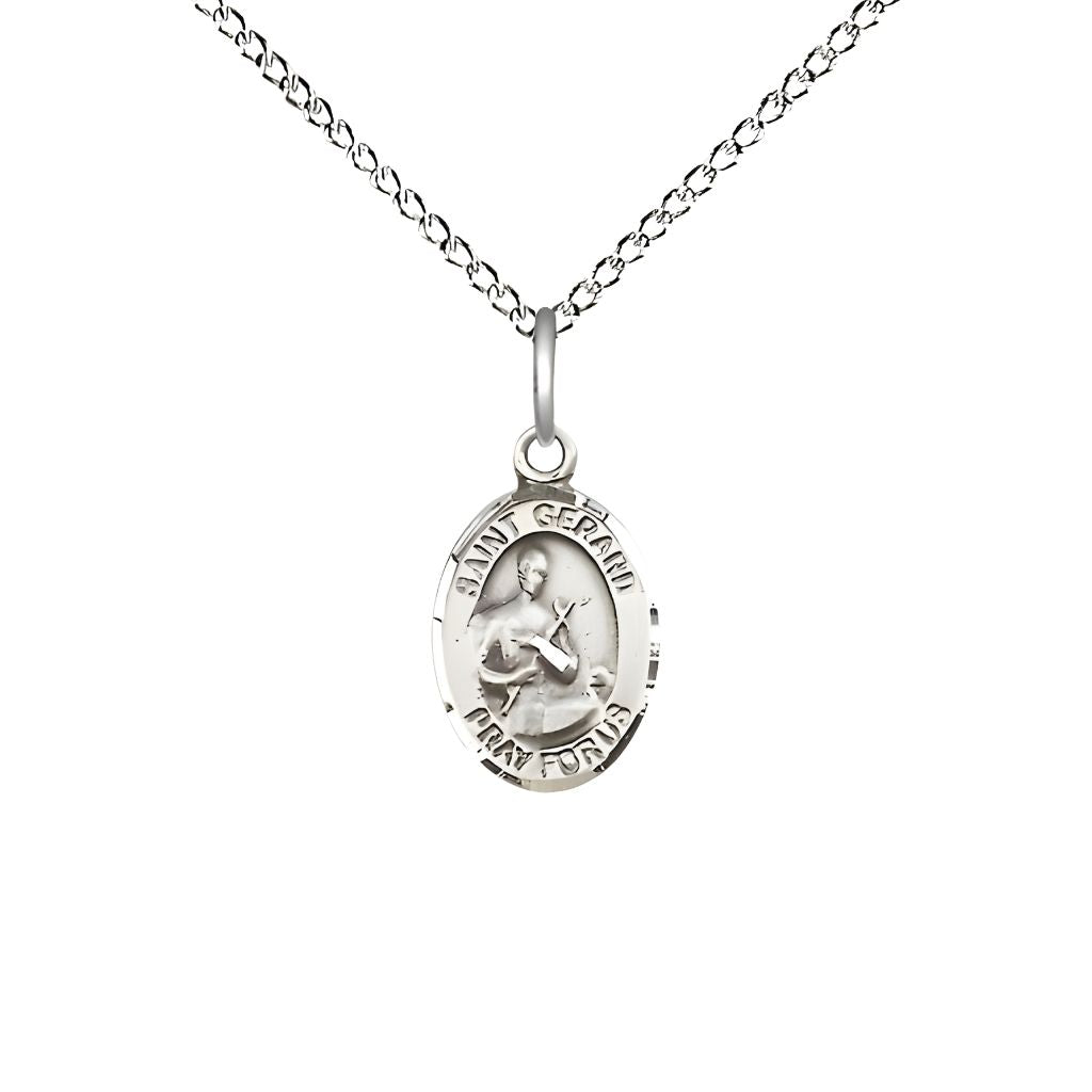 Bliss St. Gerard Majella Engravable Small Children Sterling Silver Medal with Sterling Chain, Measures 1/2-inch tall by 1/4-inch wide.