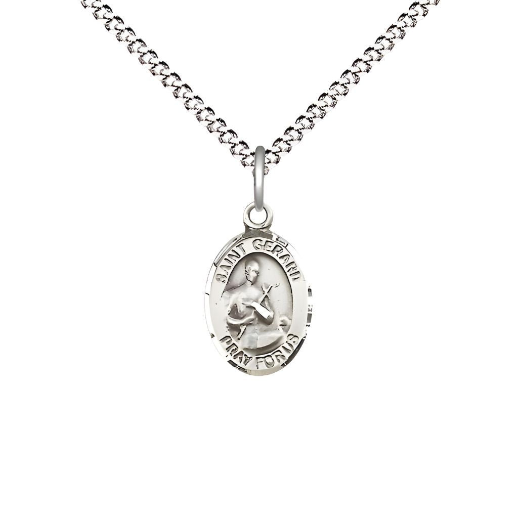Bliss St. Gerard Majella Engravable Small Children Pewter Medal with Rhodium-plated Chain, Measures 1/2-inch tall by 1/4-inch wide.