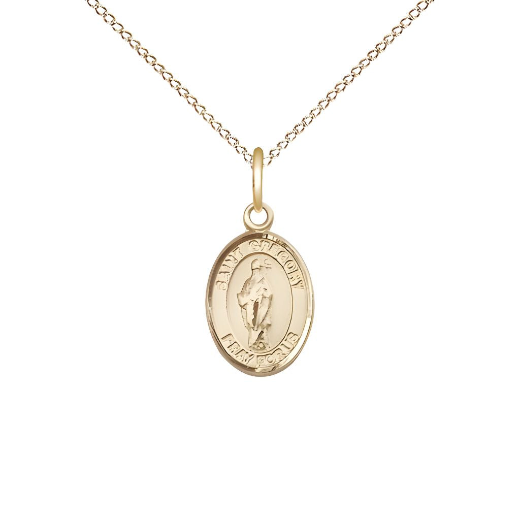 Bliss St. Gregory the Great 14kt Gold-filled Oval Small Children Medal with Gold-filled Chain, Measures 1/2-inch tall by 1/4-inch wide.