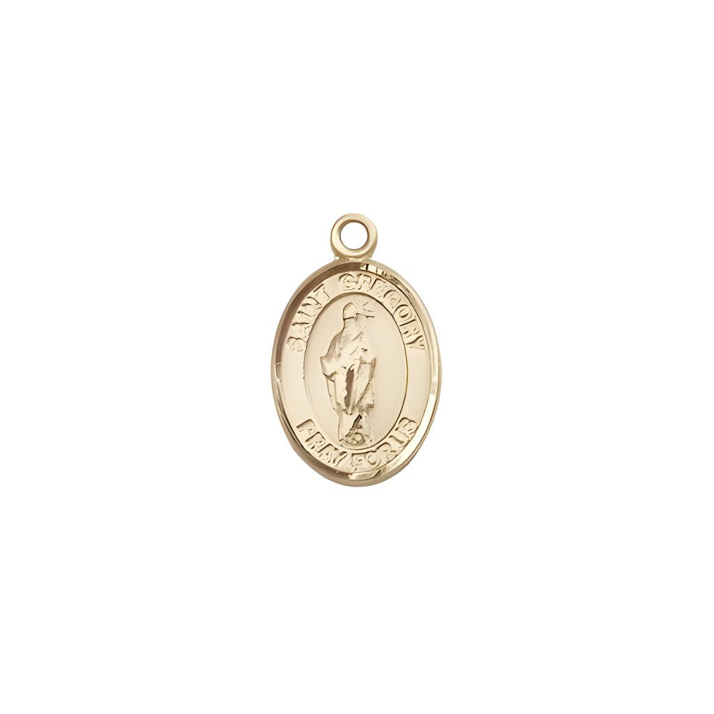 Bliss St. Gregory the Great 14kt Gold Oval Small Children Medal, Measures 1/2-inch tall by 1/4-inch wide.