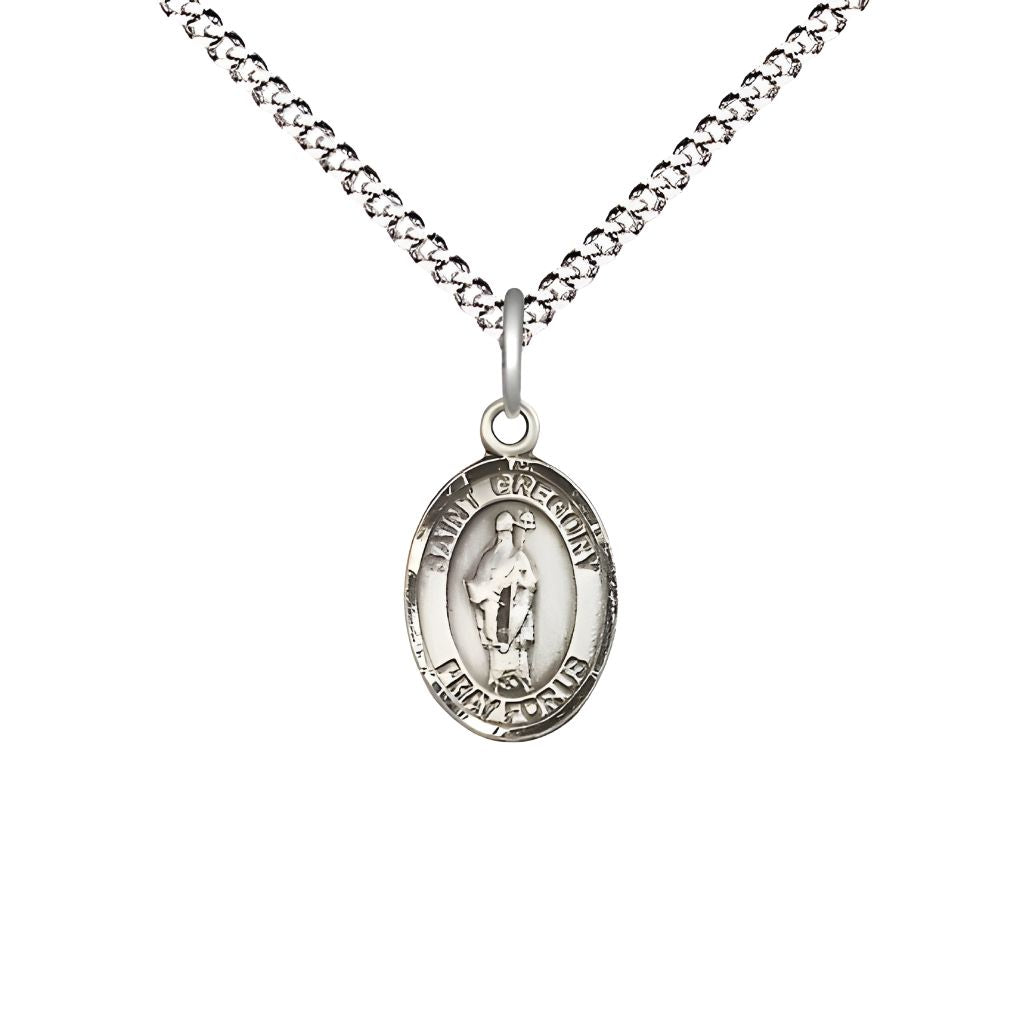 Bliss St. Gregory the Great Engravable Small Children Pewter Medal with Rhodium-plated Chain, Measures 1/2-inch tall by 1/4-inch wide.