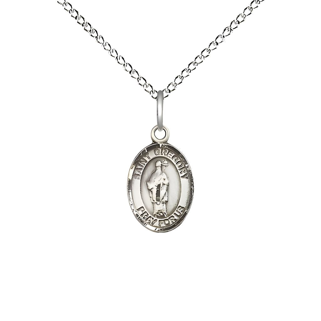 Bliss St. Gregory the Great Engravable Small Children Sterling Silver Medal with Sterling Chain, Measures 1/2-inch tall by 1/4-inch wide.