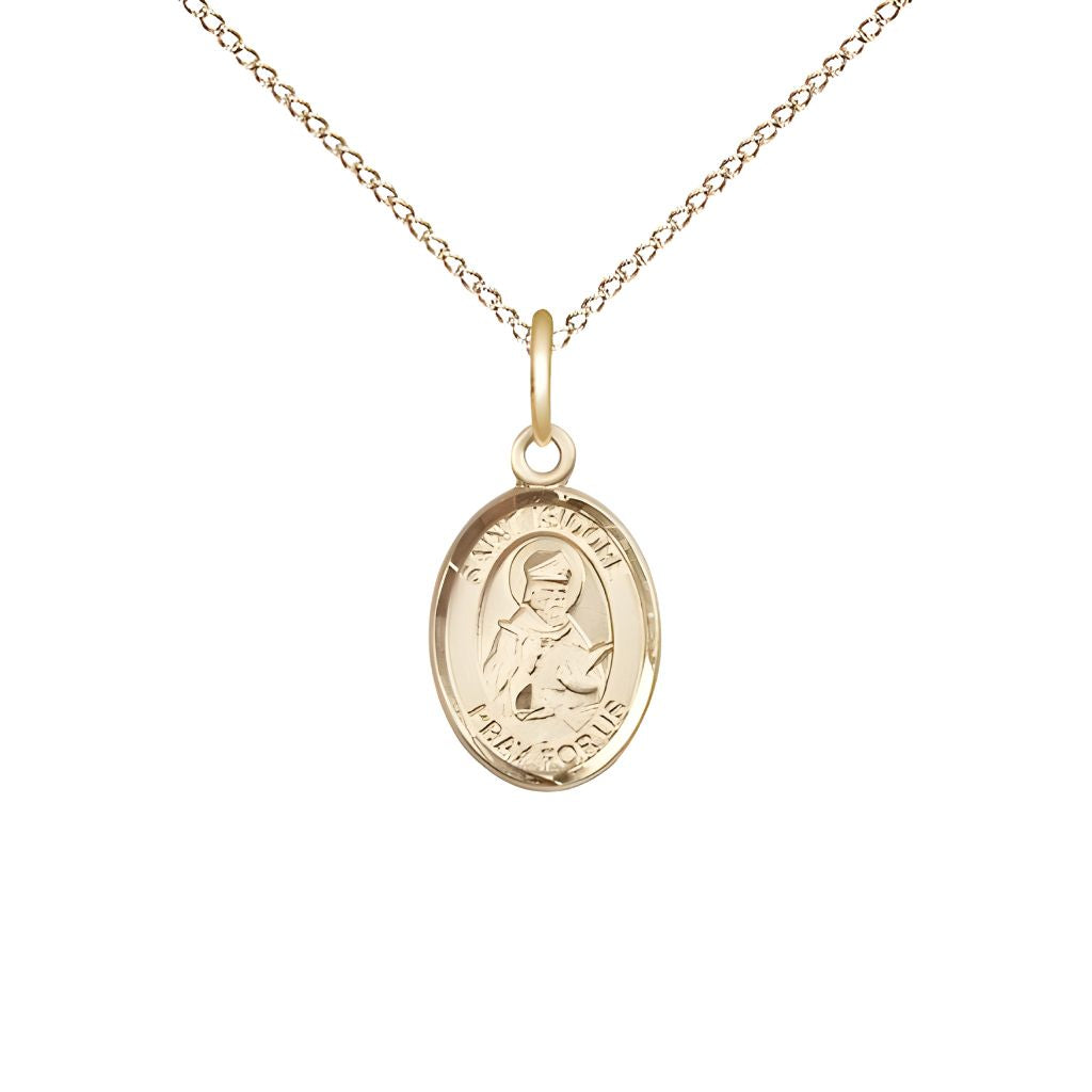 Bliss St. Isidore of Seville 14kt Gold-filled Oval Small Children Medal with Gold-filled Chain, Measures 1/2-inch tall by 1/4-inch wide. Deluxe Gift Box.