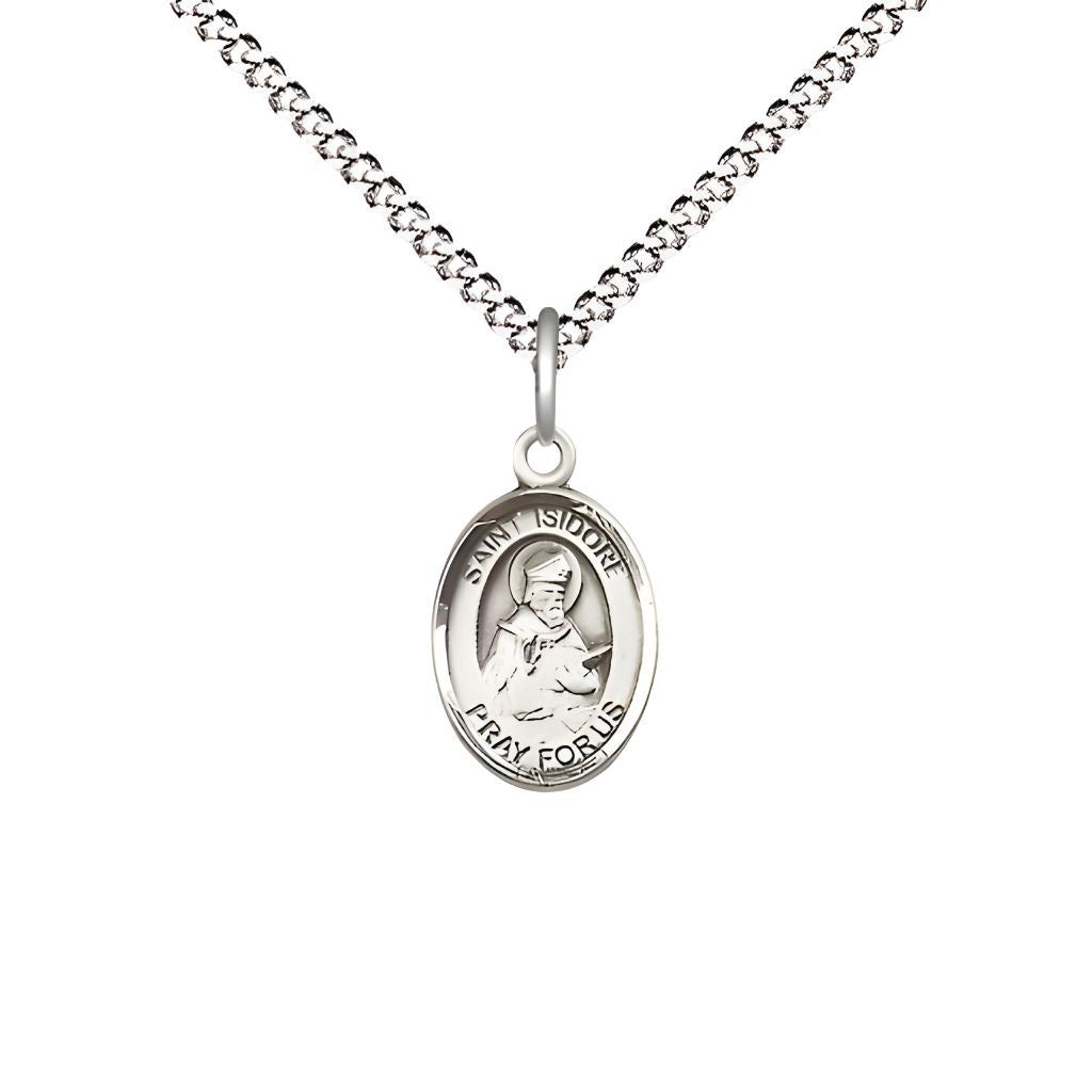 Bliss St. Isidore of Seville Engravable Small Children Pewter Medal with Rhodium-plated Chain, Measures 1/2-inch tall by 1/4-inch wide. Deluxe Gift Box.