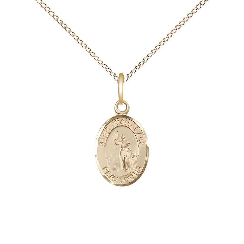 Bliss St. Joan of Arc 14kt Gold-filled Oval Small Children Medal with Gold-filled Chain, Measures 1/2-inch tall by 1/4-inch wide. Deluxe Gift Box.