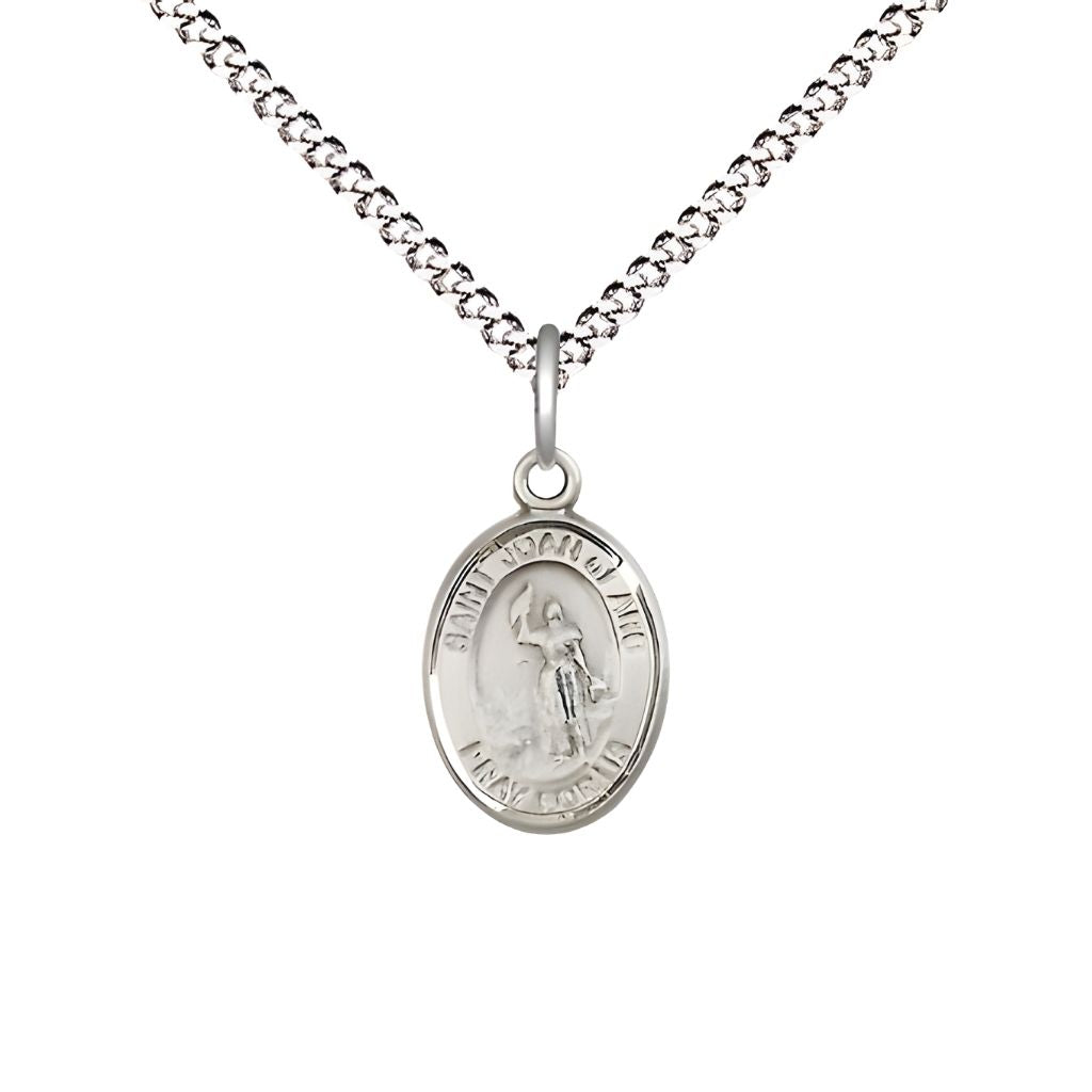Bliss St. Joan of Arc Small Children Pewter Medal with Rhodium-plated Chain, Measures 1/2-inch tall by 1/4-inch wide. Deluxe Gift Box.