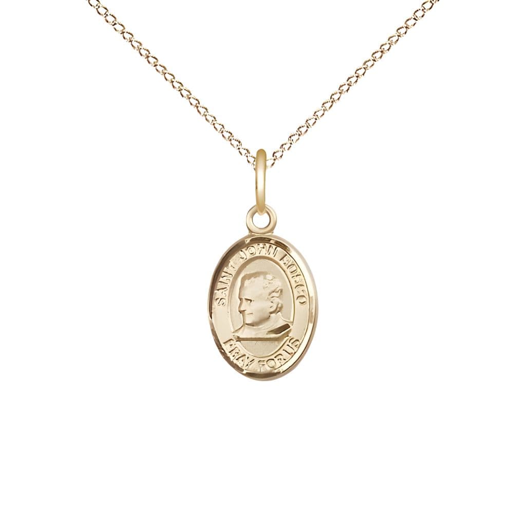 Bliss St. John Bosco 14kt Gold-filled Oval Small Children Medal with Gold-filled Chain, Measures 1/2-inch tall by 1/4-inch wide.