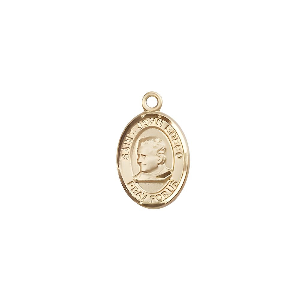 Bliss St. John Bosco 14kt Gold Oval Small Children Medal, Measures 1/2-inch tall by 1/4-inch wide.