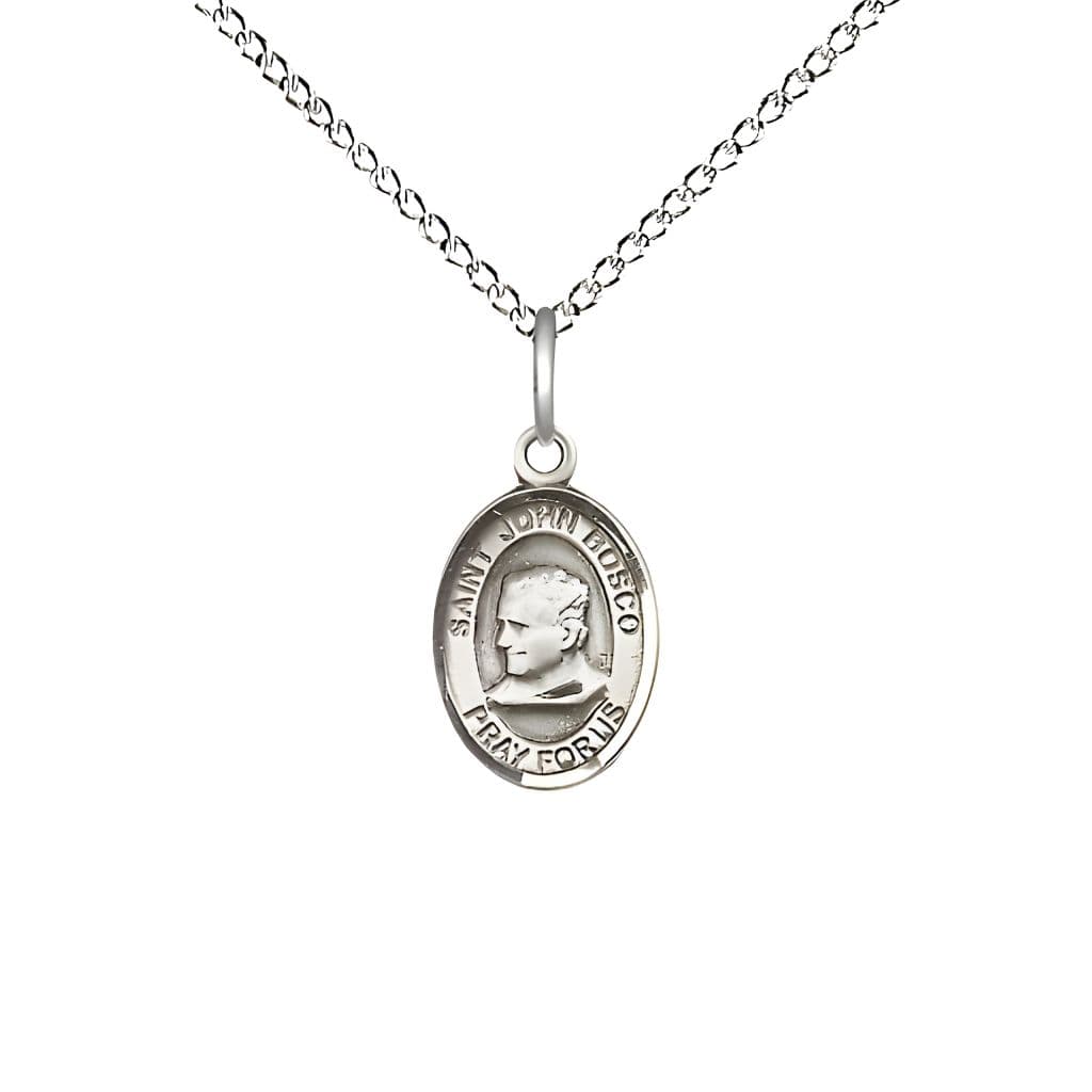 Bliss St. John Bosco Engravable Small Children Sterling Silver Medal with Sterling Chain, Measures 1/2-inch tall by 1/4-inch wide.