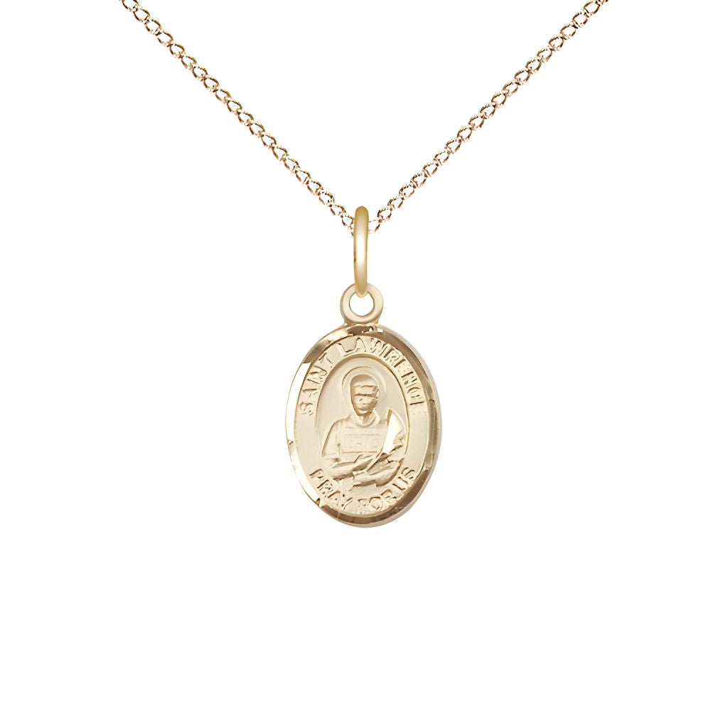 Bliss St. Lawrence 14kt Gold-filled Oval Small Children Medal with Gold-filled Chain, Measures 1/2-inch tall by 1/4-inch wide.