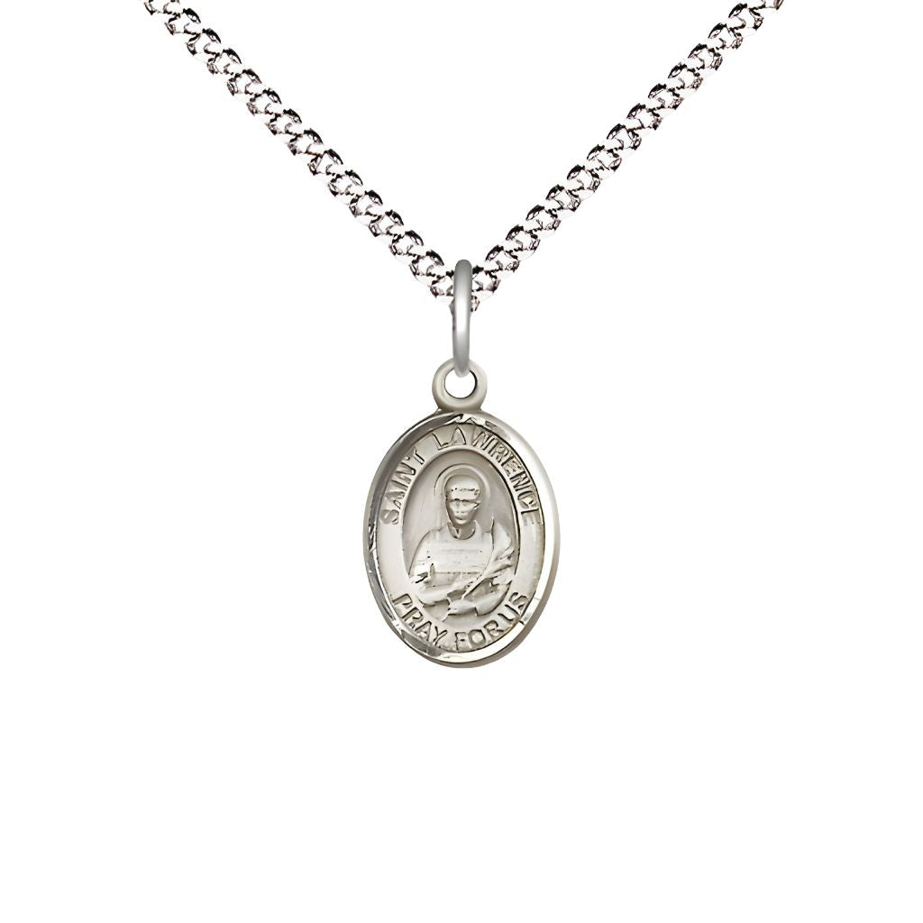 Bliss St. Lawrence Engravable Small Children Pewter Medal with Rhodium-plated Chain, Measures 1/2-inch tall by 1/4-inch wide.