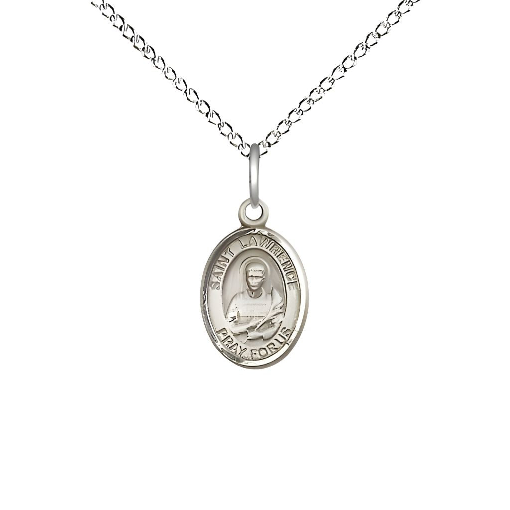 Bliss St. Lawrence Engravable Small Children Sterling Silver Medal with Sterling Chain, Measures 1/2-inch tall by 1/4-inch wide.