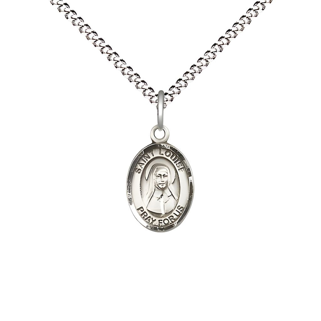 Bliss St. Louise de Marillac Engravable Small Children Pewter Medal with Rhodium-plated Chain, Measures 1/2-inch tall by 1/4-inch wide.