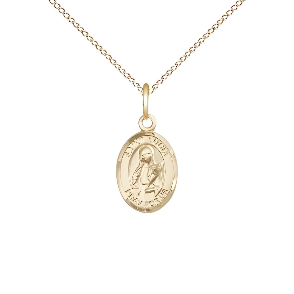 Bliss St.  Lucia of Syracuse  14kt Gold-filled Oval Small Children Medal with Gold-filled Chain, Measures 1/2-inch tall by 1/4-inch wide.