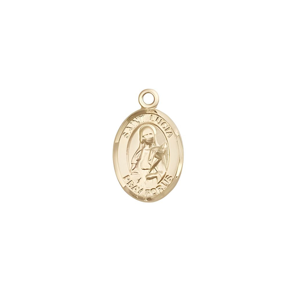 Bliss St.  Lucia of Syracuse  14kt Gold Oval Small Children Medal, Measures 1/2-inch tall by 1/4-inch wide.