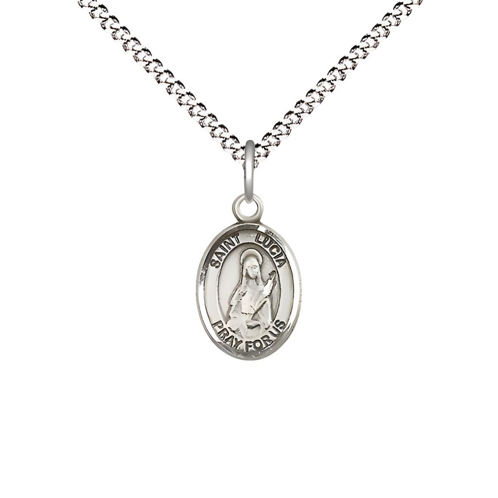 Bliss St. Lucia of Syracuse Engravable Small Children Pewter Medal with Rhodium-plated Chain, Measures 1/2-inch tall by 1/4-inch wide.