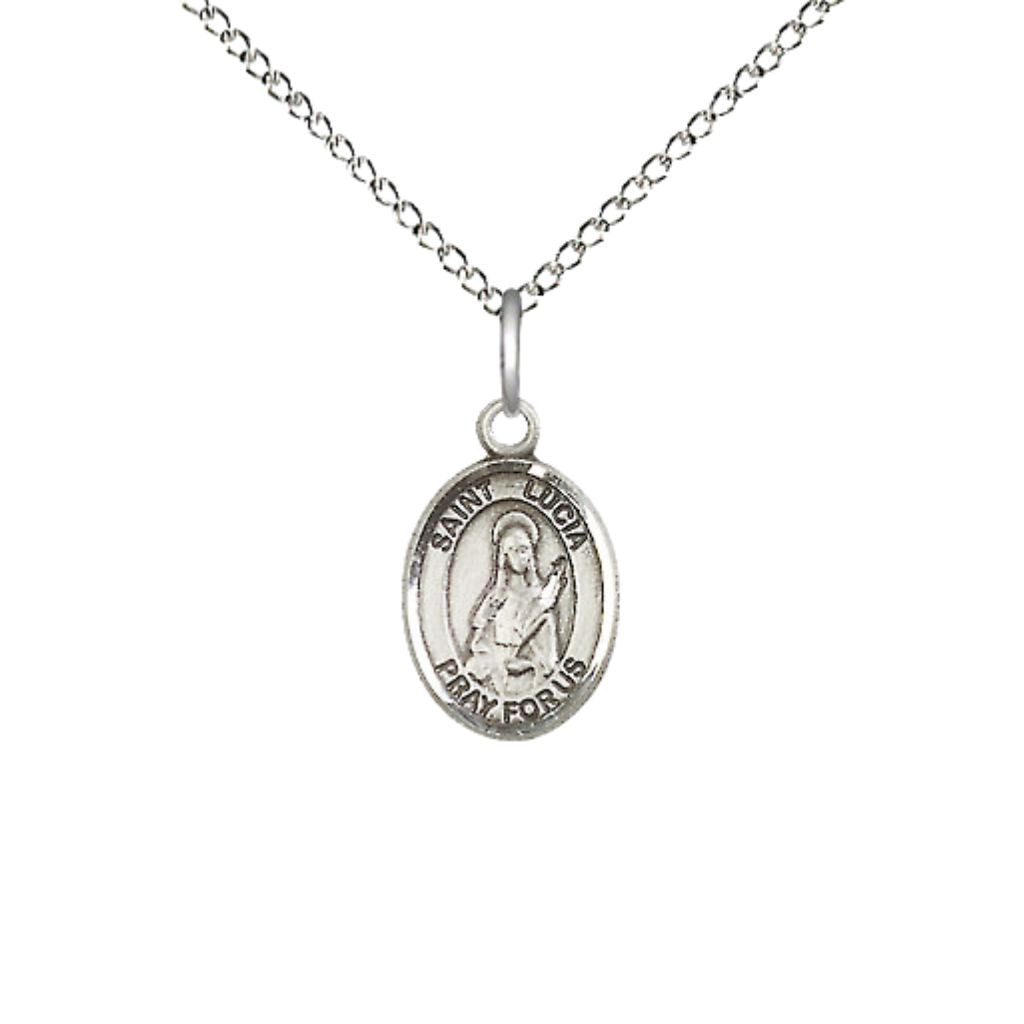 Bliss St.  Lucia of Syracuse  Engravable Small Children Sterling Silver Medal with Sterling Chain, Measures 1/2-inch tall by 1/4-inch wide.