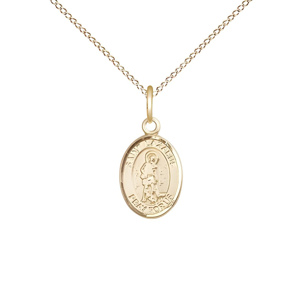 Bliss St. Lazarus 14kt Gold-filled Oval Small Children Medal with Gold-filled Chain, Measures 1/2-inch tall by 1/4-inch wide.