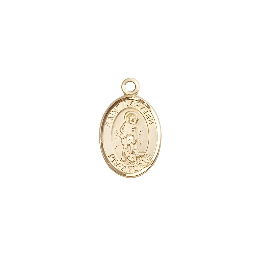 Bliss St. Lazarus 14kt Gold Oval Small Children Medal, Measures 1/2-inch tall by 1/4-inch wide.