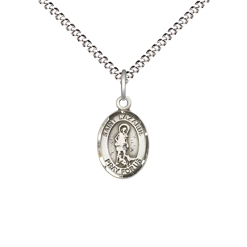 Bliss St. Lazarus Engravable Small Children Pewter Medal with Rhodium-plated Chain, Measures 1/2-inch tall by 1/4-inch wide.