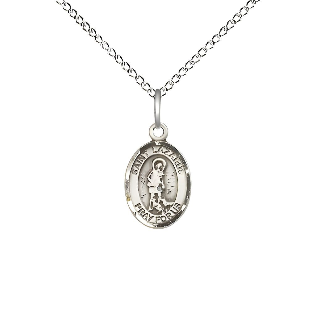 Bliss St. Lazarus Engravable Small Children Sterling Silver Medal with Sterling Chain, Measures 1/2-inch tall by 1/4-inch wide.