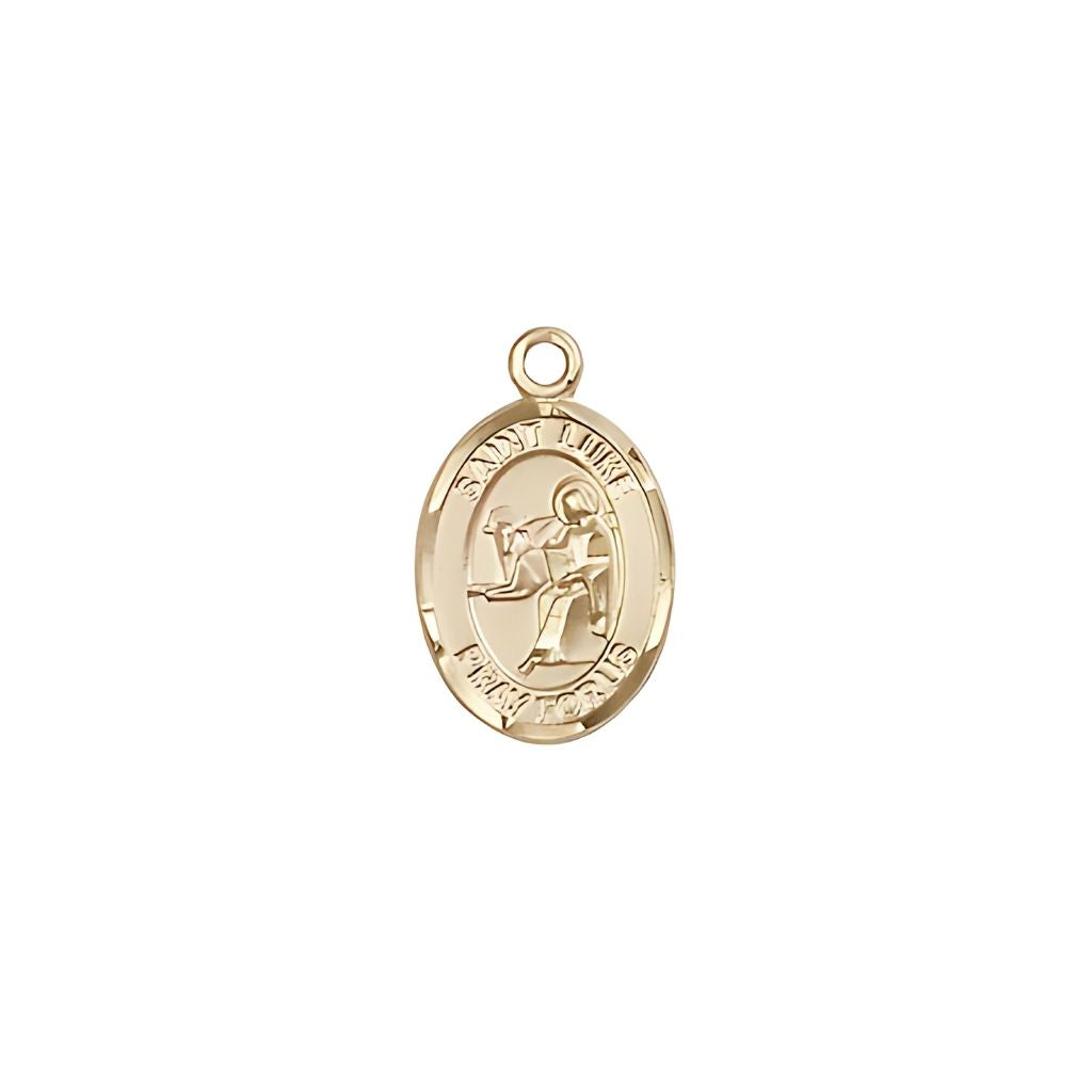 Bliss St. Luke the Apostle 14kt Gold Oval Small Children Medal, Measures 1/2-inch tall by 1/4-inch wide.