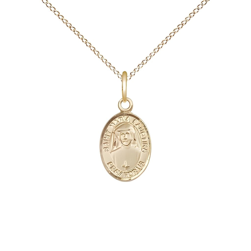 Bliss St. Maria Faustina 14kt Gold Oval Medal with 14kt Gold Chain, USA Made, Child's Size (1/2" tall x 1/4" wide)