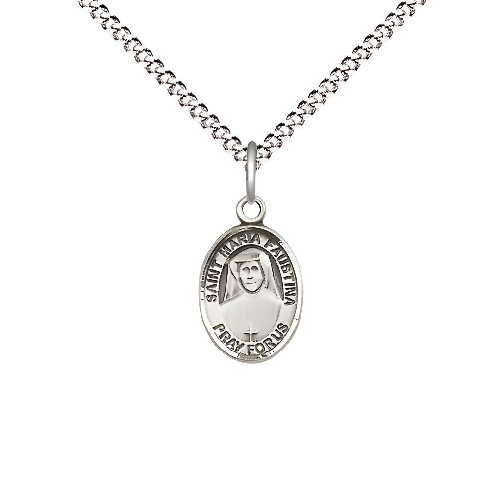 Bliss St. Maria Faustina Pewter Oval Medal with Plated Chain, USA Made, Child's Size (1/2" tall x 1/4" wide)