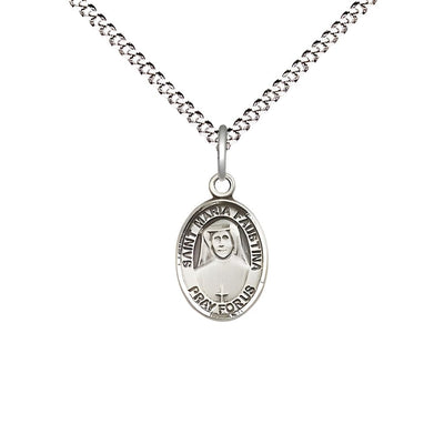 St. Maria Faustina Pewter Oval Medal with Plated Chain, USA Made, Child's Size (1/2" tall x 1/4" wide), Bliss Manufacturing
