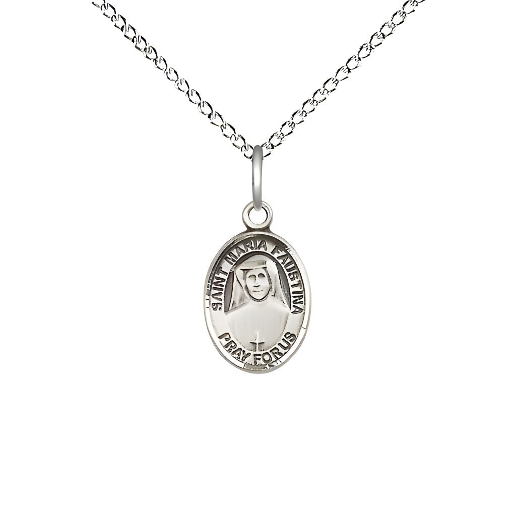 Bliss St. Maria Faustina Sterling Silver Oval Medal with Sterling Silver Chain, USA Made, Child's Size (1/2" tall x 1/4" wide)