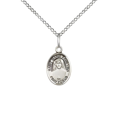 St. Maria Faustina Sterling Silver Oval Medal with Sterling Silver Chain, USA Made, Child's Size (1/2" tall x 1/4" wide), Bliss Manufacturing