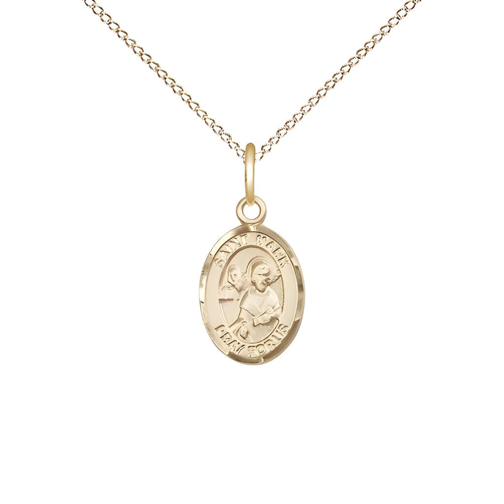 Bliss St. Mark the Evangelist 14kt Gold-filled Oval Small Children Medal with Gold-filled Chain, Measures 1/2-inch tall by 1/4-inch wide.