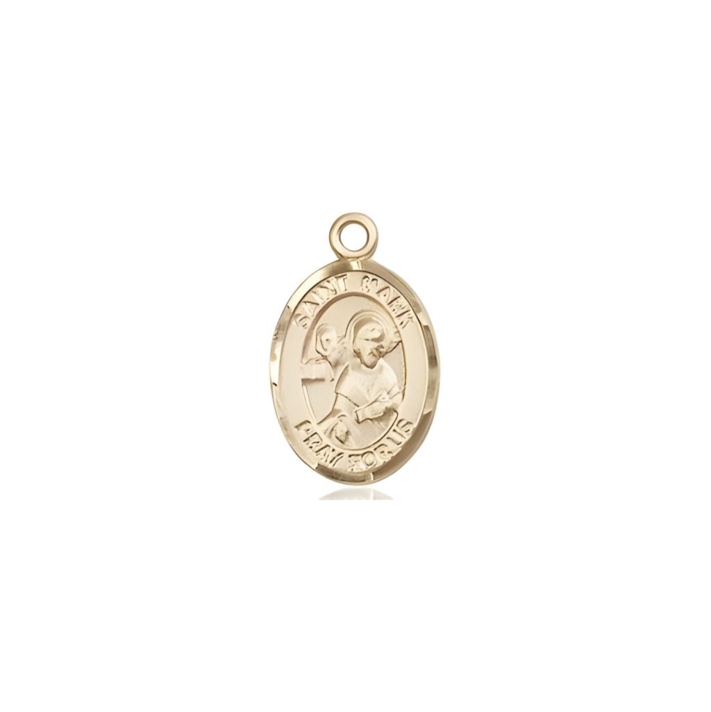 Bliss St. Mark the Evangelist 14kt Gold Oval Small Children Medal, Measures 1/2-inch tall by 1/4-inch wide.