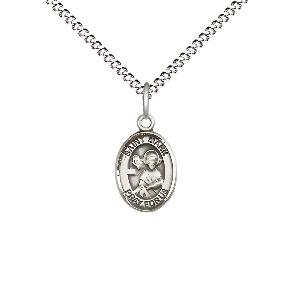 Bliss St. Mark the Evangelist Engravable Small Children Pewter Medal with Rhodium-plated Chain, Measures 1/2-inch tall by 1/4-inch wide.