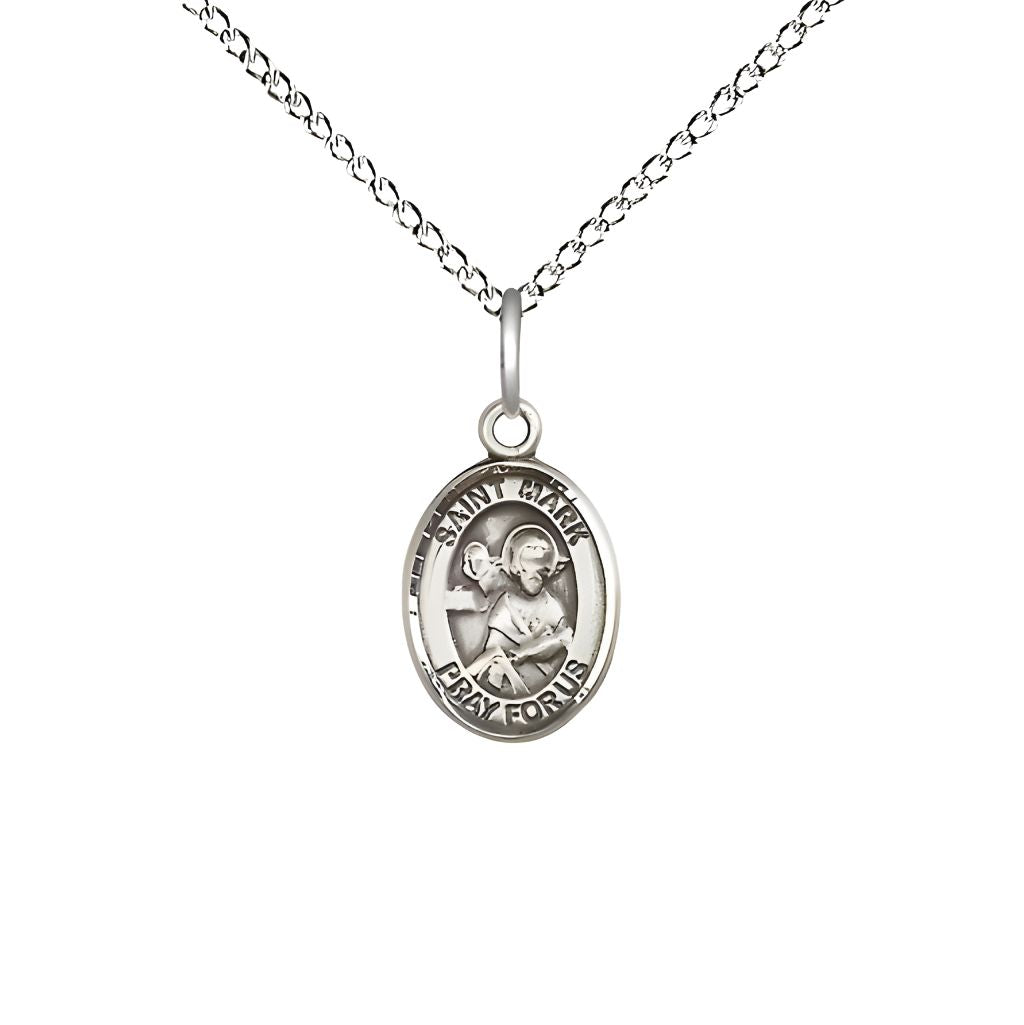 Bliss St. Mark the Evangelist Engravable Small Children Sterling Silver Medal with Sterling Chain, Measures 1/2-inch tall by 1/4-inch wide.