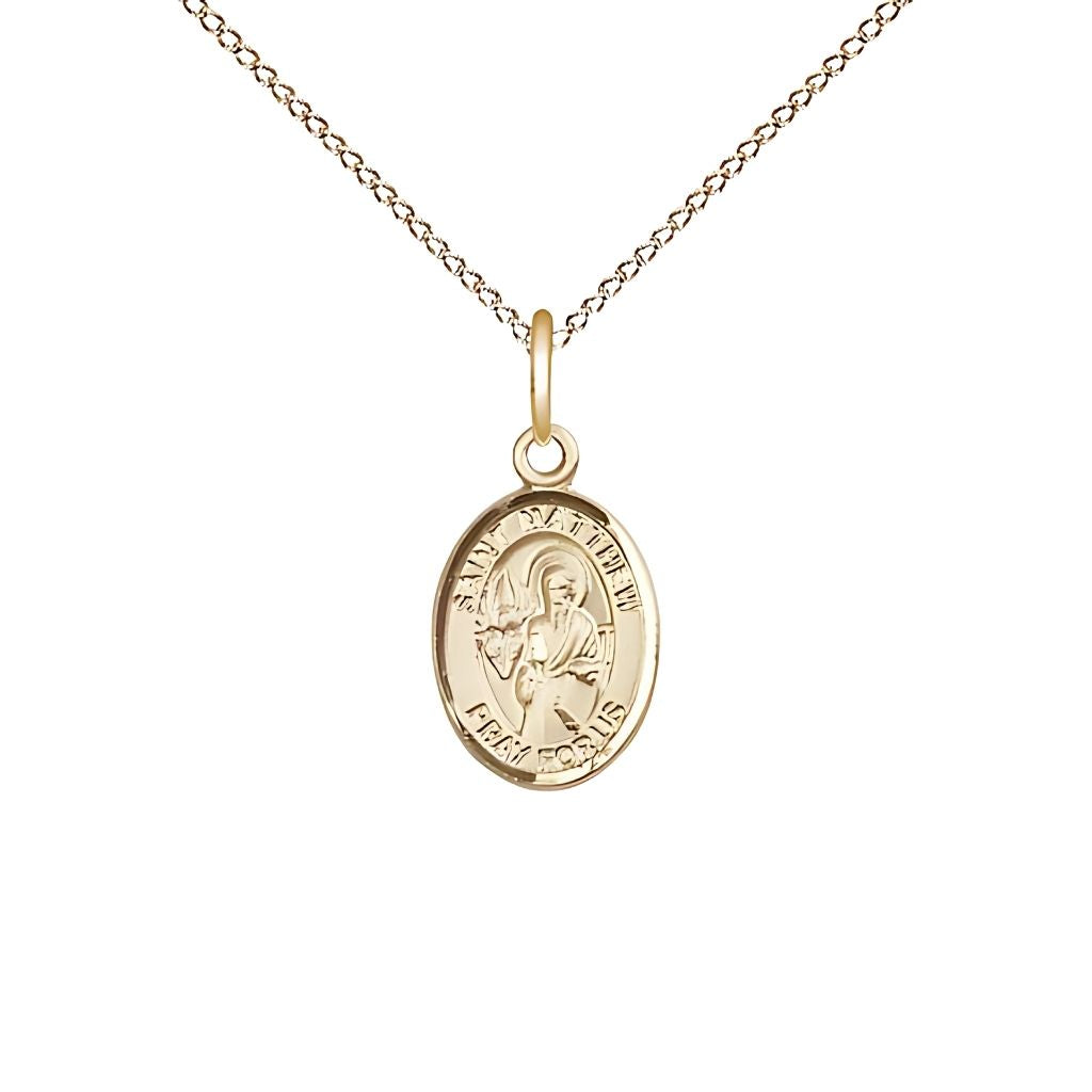 Bliss St. Matthew the Apostle 14kt gold-filled Oval Children's Medal with Gold-filled Chain, Measures 1/2-inch tall by 1/4-inch wide.