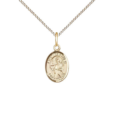 St. Matthew the Apostle 14kt Gold Oval Small Children Medal with 14kt Gold Chain, Measures 1/2-inch tall by 1/4-inch wide, Bliss Manufacturing