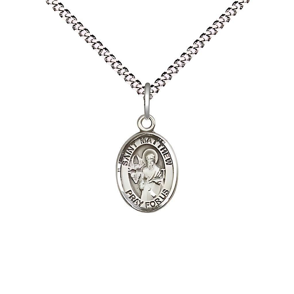 Bliss St. Matthew the Apostle Pewter Oval Children Medal with rhodium-plated Light Curb Chain, Measures 1/2-inch tall by 1/4-inch wide.